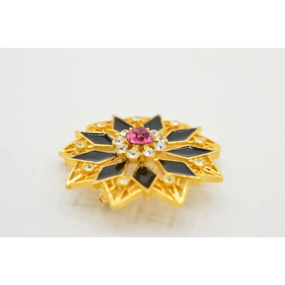 Vintage Crystal Flower Pin Brooch Gold Black Enamel Pink Rhinestone 1980s BinJ